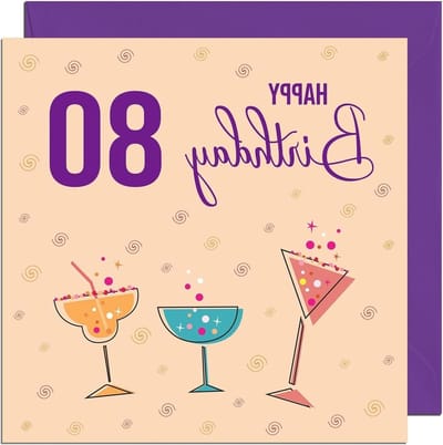 Verjaardagskaart Vrouwen - Dames Kaart 80 Jaar - Felicitatie Versturen - Luxe 350gsm Karton - 145 x 145 mm - Cocktails