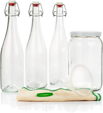 Famanu - Probiotische Drankenset | Kombucha, Kefir, Bier | 2L Groot Glas | 3 Glazen Flessen 750ml met Luchtdichte Sluiting | Trechter & Mousseline, Kleurloos, Glas Kunststof