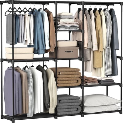 Famanu – Vrijstaand kledingrek met kledingroedes en stoffen planken, metalen frame, multifunctionele kapstok voor slaapkamer of hal, 182 x 43 x 182 cm, zwart