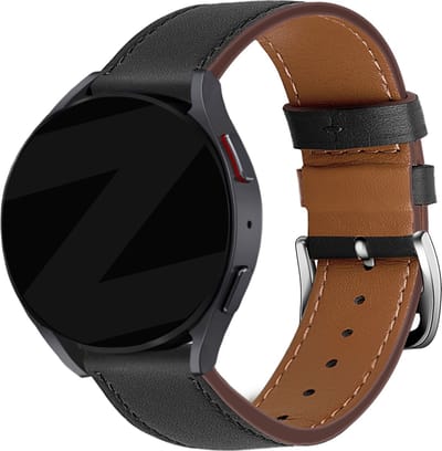 Bandz universeel 20mm lederen band 'Deluxe' geschikt voor Samsung Galaxy Watch Active (2) / Watch 1 42mm / Watch 3 41mm / Galaxy Watch 4 / Watch 5 - Pro / Watch 6 - Classic / Watch 7 (40 & 44mm) / Watch FE - leren bandje met gespsluiting - zwart