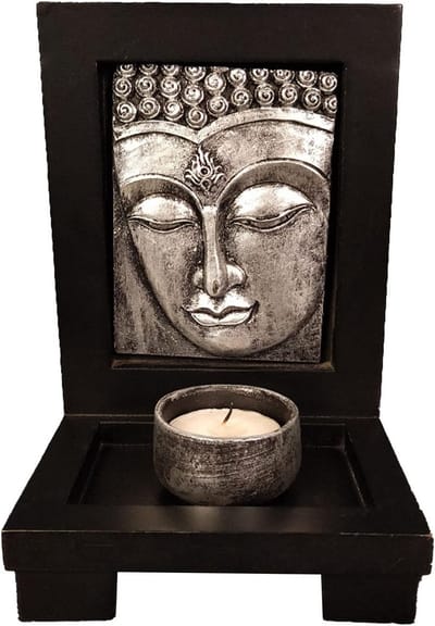 Zen Boeddha Hoofd Theelichtkaarsenhouder met Stenen en Houten Basis voor Meditatie en Yoga