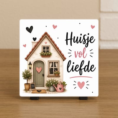 Wenstegeltje – Huisje vol Liefde – Hip trendy tegeltje – Wanddecoratie – Cadeau voor Nieuwe Woning, Housewarming of Gezinscadeau – Sfeervol en Persoonlijk - Vriend(in) – Trendy nu – Decoratief Tegeltje met Standaard – Cadeau Idee