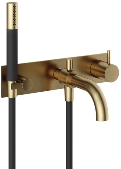 Hotbath Cobber CB127EXT afbouwdeel inbouw badmengkraan met achterplaat, staafhanddouche aan houder en 25cm uitloop geborsteld messing