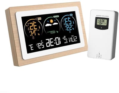 Digitaal Weerstation - Weerklok Buitensensor - Binnen en Buiten - Houten Frame - 16 x 11 x 7 cm - Houtkleur