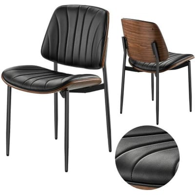 VEVOR Retro eetkamerstoel (2-pack) Elegante gestoffeerde leren stoel (draagvermogen 159 kg) voor eettafels, ruimtebesparende keukentafelstoel met dikke kussens en metalen poten, zwart café