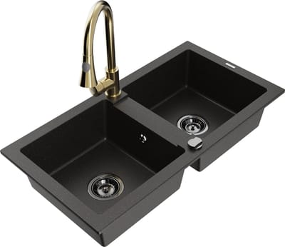 Mexen Mario granieten gootsteen 2-kamer met keukenmengkraan Elia, zwart/goud metallic - 6504-75-670101-50-B