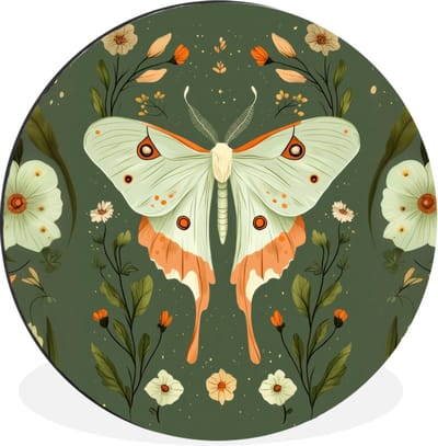 WallCircle - Wandcirkel - Muurcirkel - Bloemen - Bladeren - Olijfgroen - Vlinder - Aluminium - Dibond - 30x30 cm - Binnen en Buiten