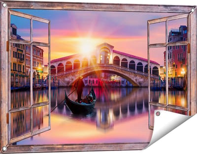 Gards Tuinposter Doorkijk Gondel bij de Rialtobrug in Venetië, Italië - 90x60 cm - Tuindoek - Tuindecoratie - Wanddecoratie buiten - Tuinschilderij