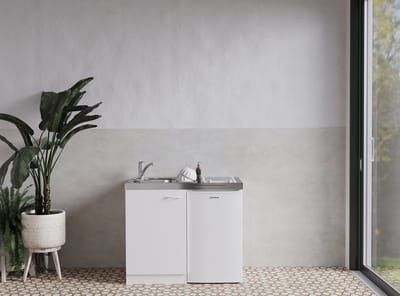 Goedkope keuken 100  cm - mini keuken met apparatuur Levin - Wit/Wit - keramische kookplaat  - koelkast          - kleine keuken - compacte keuken - keukenblok met apparatuur