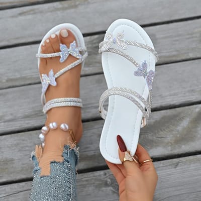Dames Steentjes Vlinder Platte Sandalen Comfortabele Sandalen Buitenkleding Strandsandalen Boho Romeinse Sandalen 38
