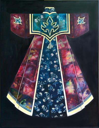 Fine Asianliving Olieverf Schilderij 100% Handgeschilderd Zwarte Omlijsting 90x120cm Chinese Kimono Rood
