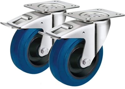 Set van 2 Zwenkwielen 200 mm met Rem, Elastische Banden, Nylon Velg en Schroefplaat