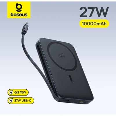 Baseus 10000mAh 27W Powerbank voor Qi2 15W MagSafe Magnetisch Draadloos Opladen Ingebouwde USB-C Kabel voor iPhone 17 16 Samsung S26 27W Qi2 White