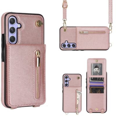 Multimedia & Accessoires Stijlvolle Leren Fashion Backcover Case Hoesje met Koord, Stand Ritsvak en Pasjeshouders geschikt voor Samsung Galaxy A56 5G - Rosegoud