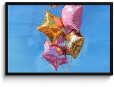 Poster in lijst - Fotolijst 90x60 cm - Posters - Ballonnen - Goud - Stervorm - Roze - Posterlijst zwart - Decoratie - Wanddecoratie woonkamer - Muurdecoratie slaapkamer