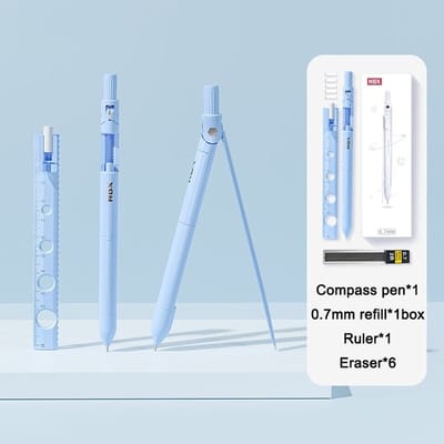 Blauwe Passer Met Liniaal, Gum en Potlood Navulling – Voor Wiskunde, School, Studie, Werk, Kantoor & Hobby – Cirkels maken