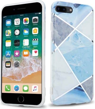 Cadorabo Hoesje geschikt voor Apple iPhone 7 PLUS / 7S PLUS / 8 PLUS in Blauw Wit Grijs Marmer No. 2 - Beschermhoes gemaakt van TPU siliconen Case Cover met mozaïek motief