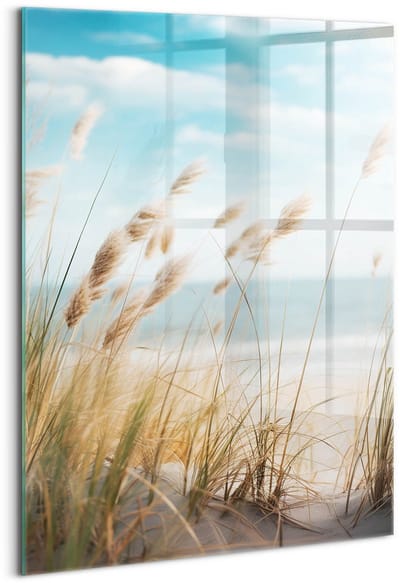 Wallfluent Glasschilderij - Landschap met gras, strand en zee in boho-stijl Glas Foto - 70x100 cm - Beige Verticale Muurschildering - Landschap Glazen Schilderij - Foto Op Glas - Foto Schilderij Op Glas