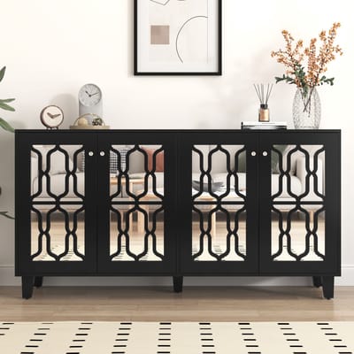 MODFU Zwart Gevergeerd Sideboard met Kristallen Handgrepen, Vier Deuren, Verwijderbaar Laminaat, voor Woonkamer en Eetkamer, 160 x 40 x 84 cm