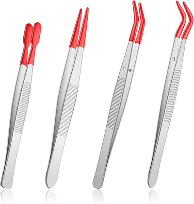 4pcs tweezers - rubber tips - lange gebogen en rechte platte punt - PVC gecoate precisie-tangen voor stempels - munten - sieraden - handwerk - industriële - elektronische - laboratoriumtoepassingen