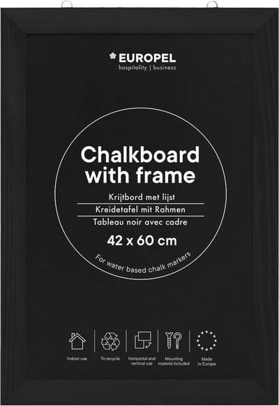 Europel krijtbord met lijst – muurdecoratie – tekenbord - zwart - 42x60cm