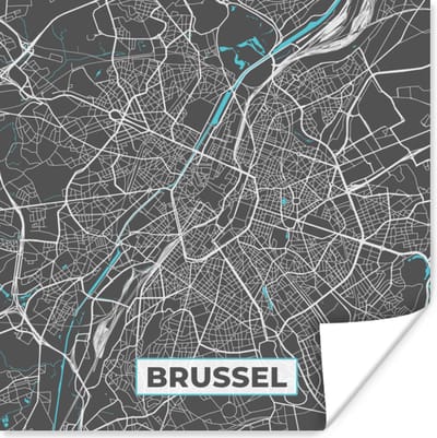 Poster Plattegrond – Brussel – Blauw – Stadskaart - Kaart - 100x100 cm XXL