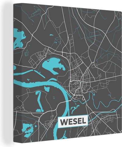 Canvas Schilderij Duitsland – Blauw – Wesel – Stadskaart – Kaart – Plattegrond - 20x20 cm - Wanddecoratie
