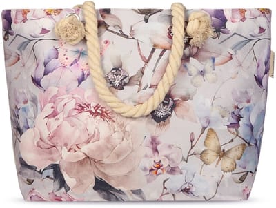 Strandtas met Bloemen en Vlinders Print - 43x60 cm - Grijs - Oeko-Tex Gecertificeerd - Polyester Linnen - Hippe Strandtas met Touw Handvat