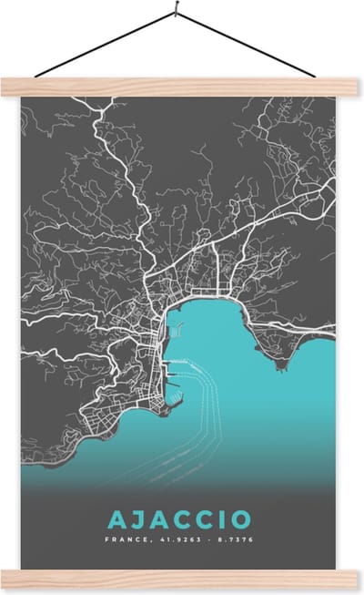 Posterhanger incl. Poster 40x60 cm - Schoolplaat - Kaart – Stadskaart – Frankrijk - Ajaccio - Plattegrond - Corsica - Textielposter - Blanke latten - Stadskaart