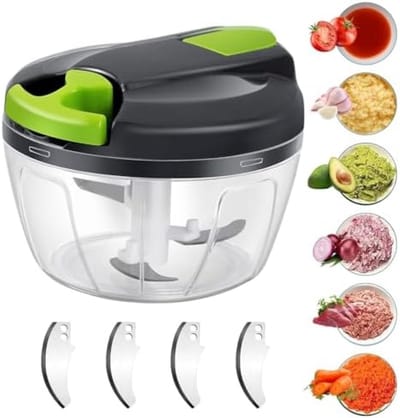 PromoHome Klein Handmatige Voedselhakmolen - 520ml Multifunctionele Keukenhakker met 3 Roestvrijstalen Messen + 5 Extra Bladen + Mixer - Groente, Ui, Knoflook Snijder - Antislip Ontwerp - Vaatwasserbestendig