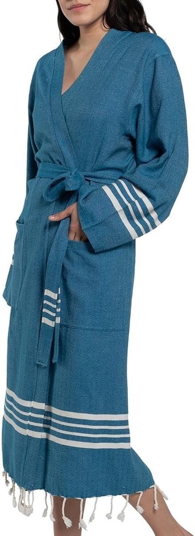 Lalay - hamam badjas Krem Sultan - petrol blue - S - dames heren badjas - sauna badjas - dunne badjas - 100% gekamd katoen