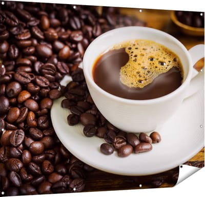 Gards Tuinposter Kopje Koffie met Koffiebonen - 150x120 cm - Tuindoek - Tuindecoratie - Wanddecoratie buiten - Tuinschilderij
