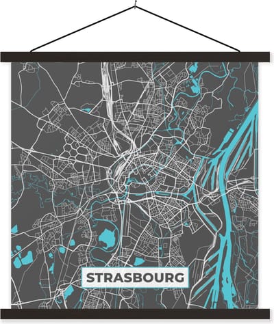 Posterhanger incl. Poster 60x60 cm - Schoolplaat - Strasbourg - Frankrijk - Plattegrond - Stadskaart - Kaart - Textielposter - Zwarte latten - Stadskaart