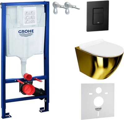 Inbouwreservoir Complete Toiletset Grohe Solido 39069000 - Inbouw WC Hangtoilet Wandcloset Sofi Slim Gold/White - Bedieningsplaat EVEN 3in1 Zwart - Voorwandelement - Installatiesysteem