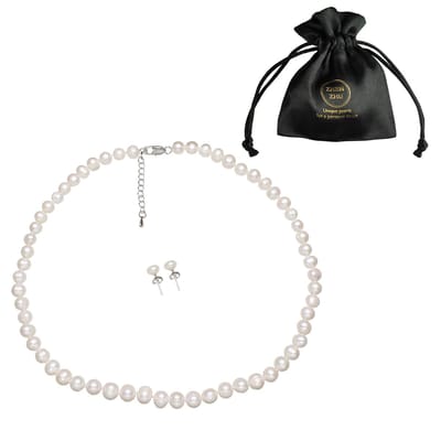 Zoetwaterparel set Bella - parelketting + parel oorbellen - echte parels - handgeknoopt - sterling zilver (925) - wit - 44 cm + 5 cm verleng ketting - parelketting dames - parel oorbellen dames - sieraden zakje