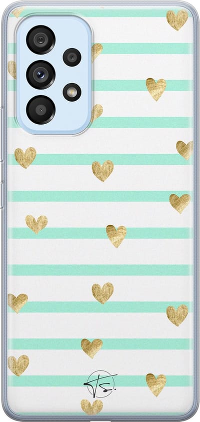 Hoesje geschikt voor Samsung Galaxy A53 - Mint hartjes - Soft Case - TPU - Gestreept - Blauw - Mooie Telefoonhoesjes