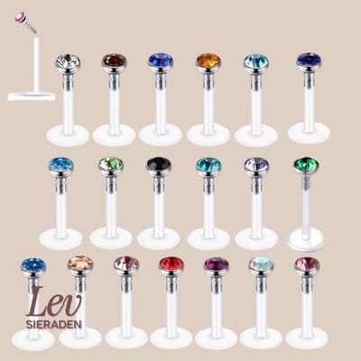 Lev Sieraden - 1.2x6mm - PTFE/Bioplast Push-in Labret - 2mm Zirkonia top - Donker paars kleurig - Piercing
