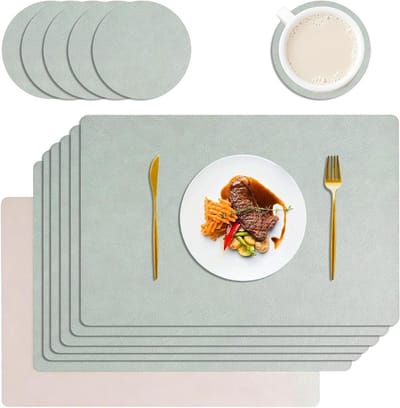 Set van 6 Dubbelzijdige Tafelmatten, Wasbare Placemat met Ronde Onderzetters, Leerlook voor Eetkamer en Kantoor