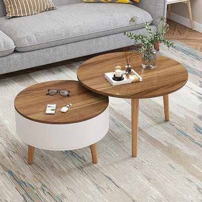 Houten Salontafel - Nesttafels Set - Woonkamer Decoratie - Met Opbergruimte - Rond - Wit Bruin