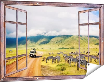 Gards Tuinposter Doorkijk Safari Auto tussen de Zebra's - 120x80 cm - Tuindoek - Tuindecoratie - Wanddecoratie buiten - Tuinschilderij