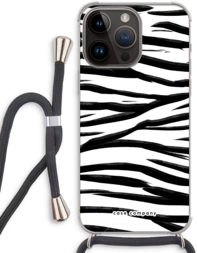 Case Company® - Hoesje met koord geschikt voor iPhone 14 Pro Max hoesje met Koord - Zebra pattern - Telefoonhoesje met Zwart Koord - Bescherming aan alle Kanten en Over de Schermrand