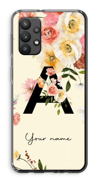 Gepersonaliseerd - Case Company® - Hoesje geschikt voor Samsung Galaxy A32 4G hoesje - Flirty Flowers Monogram - Soft Cover Telefoonhoesje - Bescherming aan alle Kanten en Schermrand