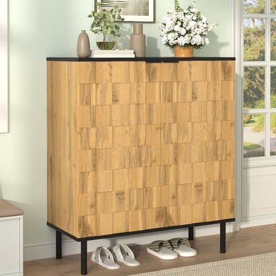 MODENUIT Schoenenkast - Mozaïekdeuren En Verstelbare Vakken - Voor Hal En Kamer - Naturel Spaanplaat - 80x35x91,5 Cm