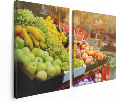 Artaza Canvas Schilderij Tweeluik Vers Fruit Op De Markt - 120x80 - Foto Op Canvas - Canvas Print
