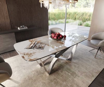 Eetkamertafel Edge wit-beige Boot keramiek Minas Melange 200x100 spider vlak staal RVS