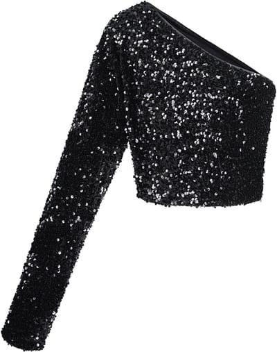 Gimme - Glitter One-Shoulder Top – Fonkelende Asymmetrische Top – Modieus Shirt voor een Feestelijke Look - Zwart - Maat S