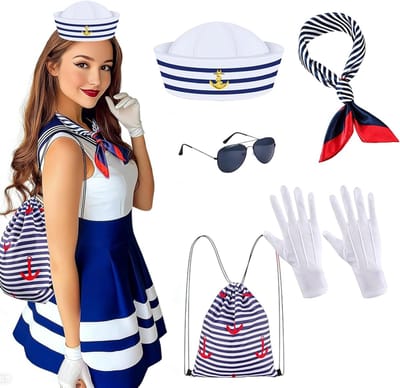 Sailor Kostuum voor Dames met Sjaal, Handschoenen, Zonnebril en Tas voor Carnaval en Halloween Feestjes
