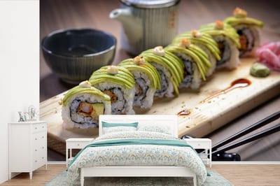 Behang - Fotobehang Japanse sushi op een dienblad - Breedte 420 cm x hoogte 280 cm