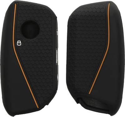 kwmobile autosleutel hoesje geschikt voor BMW 4-knops X7 X1 U11 iX ix1 7-serie G07 I7 autosleutel hoes - Siliconen autosleutel behuizing - Auto sleutel case met honingraat - Sleuteletui in zwart / oranje