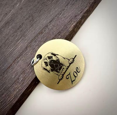 Hondenpenning met Hondenkop | Ronde Hondenpenning met Hondenkop graveren | Goudkleurig | Gegraveerde Hondenkop Penning | Petshop Seven®